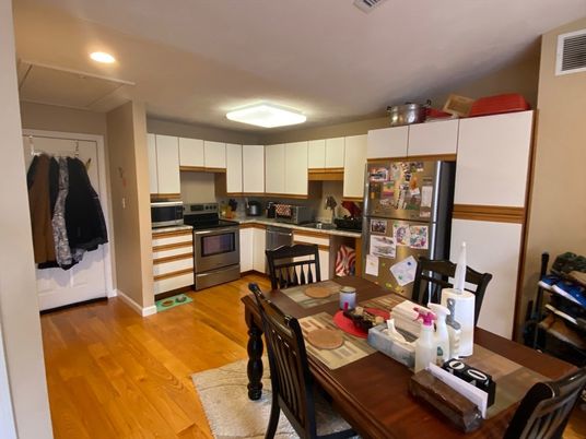 Dining room, Interior, Kitchen, Recessed Lighting, Wood Texture Flooring
