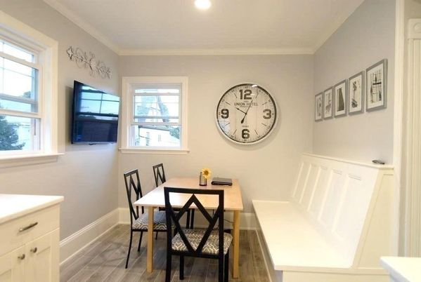 Dining room, Interior, Recessed Lighting, Wood Texture Flooring