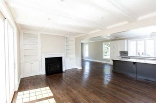 Empty room, Fireplace, Interior, Kitchen, Recessed Lighting, Wood Texture Flooring