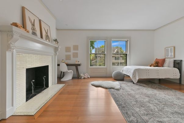 Bedroom, Fireplace, Interior, Wood Texture Flooring