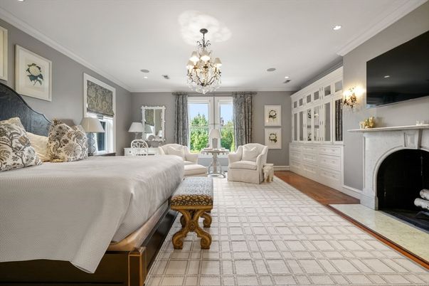 Bedroom, Chandelier, Fireplace, Interior, Recessed Lighting, Wood Texture Flooring