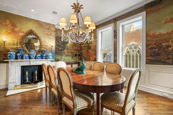 Chandelier, Dining room, Fireplace, Interior, Recessed Lighting, Wood Texture Flooring
