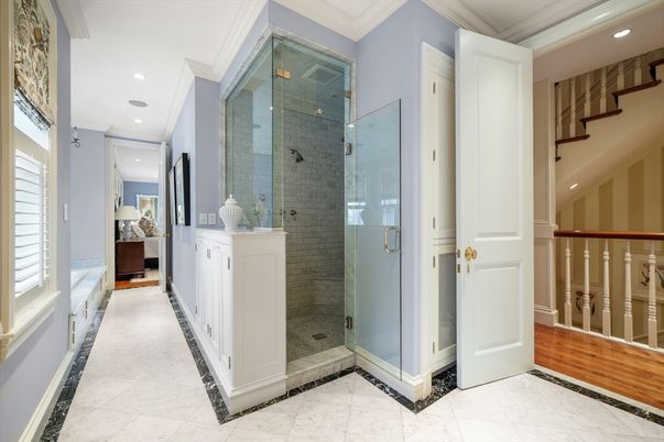Bathroom, Glass Shower, Interior, Recessed Lighting, Wood Texture Flooring