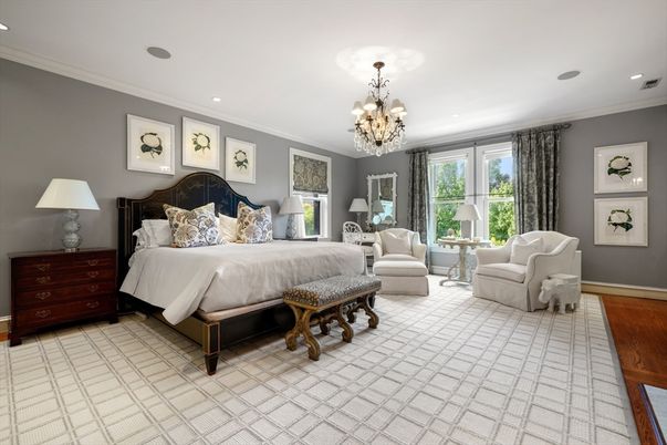 Bedroom, Chandelier, Interior, Recessed Lighting, Wood Texture Flooring