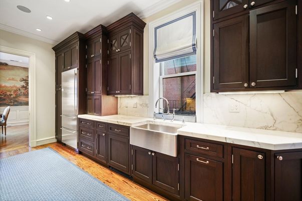 Interior, Kitchen, Marble Walls, Recessed Lighting, Stainless Steel Appliances, Wood Texture Flooring