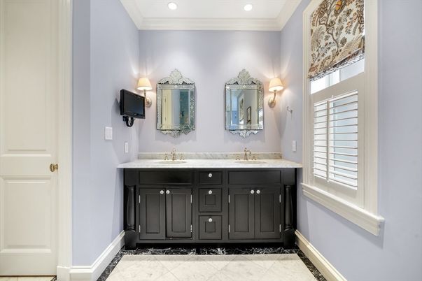 Bathroom, Dual Sink Vanities, Interior, Marble, Recessed Lighting