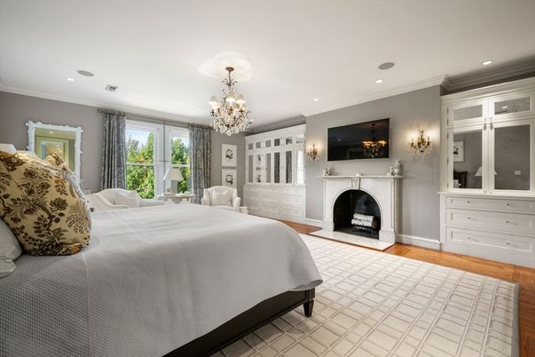 Bedroom, Chandelier, Fireplace, Interior, Recessed Lighting, Wood Texture Flooring