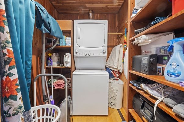 Interior, Utility Closets, Washer, Wood Texture Flooring, Wooden Walls