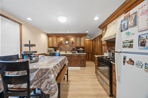 Interior, Kitchen, Recessed Lighting, Stone Walls, Wood Texture Flooring