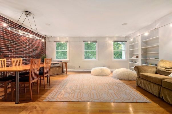 Dining room, Interior, Pendant Lights, Stone Walls, Wood Texture Flooring