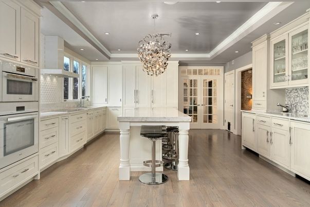 Chandelier, Interior, Kitchen, Pendant Lights, Recessed Lighting, Stainless Steel Appliances, Wood Texture Flooring