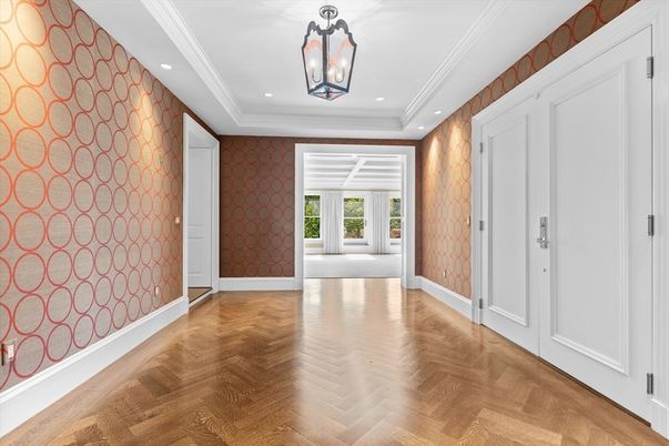 Empty room, Interior, Pendant Lights, Recessed Lighting, Stone Walls, Wood Texture Flooring