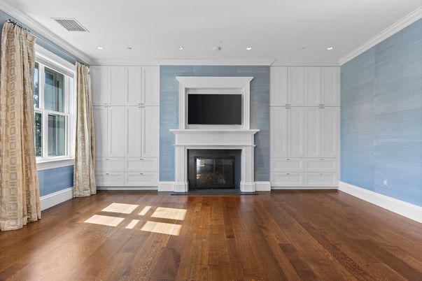 Empty room, Fireplace, Interior, Recessed Lighting, Wood Texture Flooring