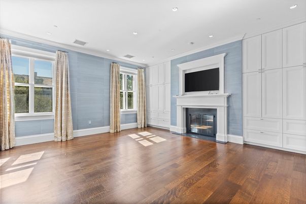 Empty room, Fireplace, Interior, Recessed Lighting, Wood Texture Flooring