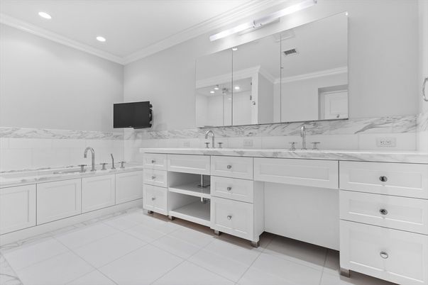 Bathroom, Dual Sink Vanities, Interior, Marble Walls, Recessed Lighting