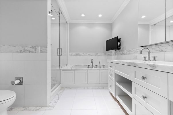 Bathroom, Glass Shower, Interior, Marble, Marble Walls, Recessed Lighting