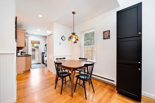 Dining room, Interior, Pendant Lights, Recessed Lighting, Wood Texture Flooring