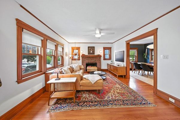 Dining room, Fireplace, Interior, Living room, Wood Texture Flooring