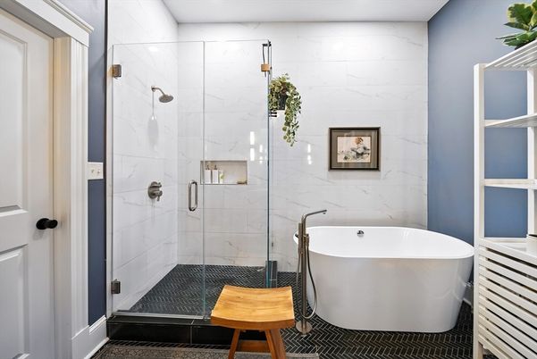 Bathroom, Free Standing Baths, Glass Shower, Interior, Marble Walls