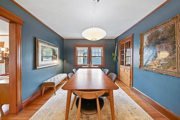 Dining room, Interior, Pendant Lights, Wood Texture Flooring