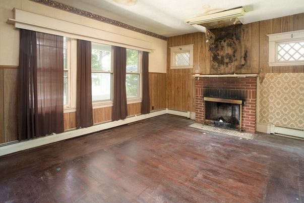 Empty room, Fireplace, Interior, Wood Texture Flooring, Wooden Walls