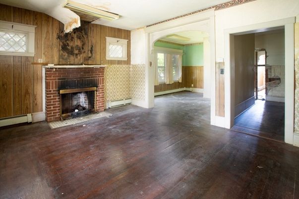 Empty room, Fireplace, Interior, Wood Texture Flooring, Wooden Walls