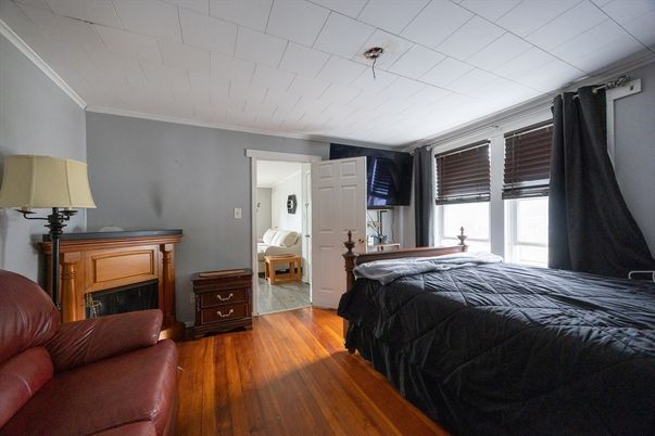 Bedroom, Fireplace, Interior, Wood Texture Flooring
