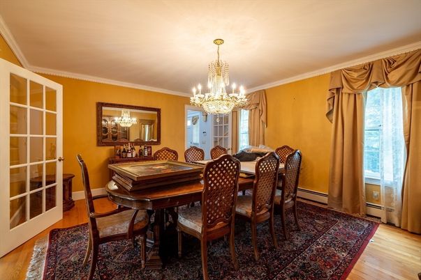 Chandelier, Dining room, Interior, Wood Texture Flooring