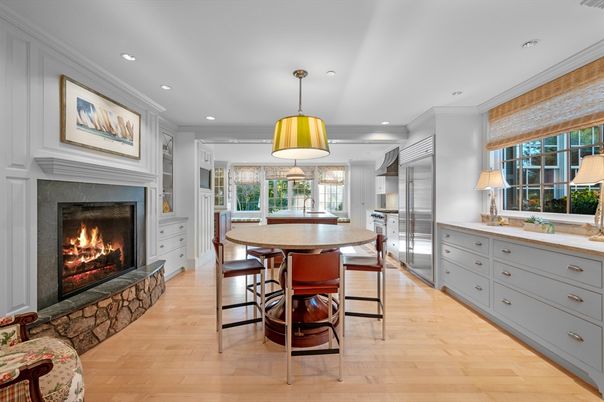 Dining room, Fireplace, Interior, Kitchen, Pendant Lights, Recessed Lighting, Wood Texture Flooring