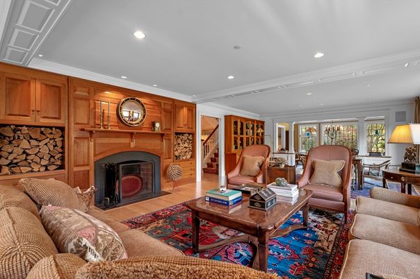Fireplace, Interior, Living room, Recessed Lighting, Wood Texture Flooring, Wooden Walls