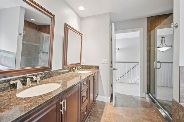 Bathroom, Dual Sink Vanities, Glass Shower, Interior, Pendant Lights, Recessed Lighting