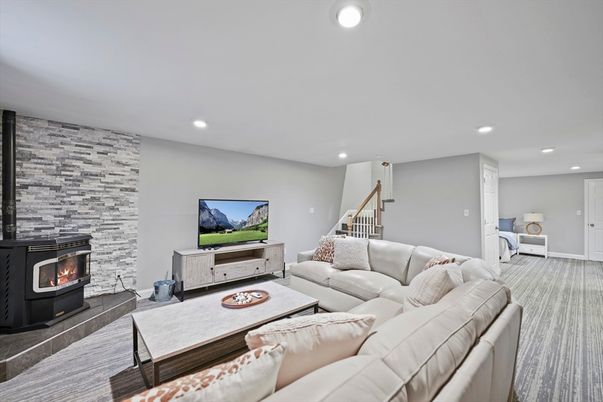 Fireplace, Interior, Living room, Recessed Lighting, Stone Walls