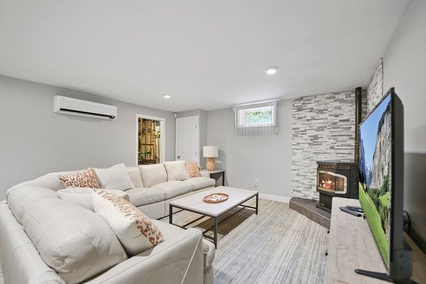 Fireplace, Interior, Living room, Recessed Lighting, Stone Walls