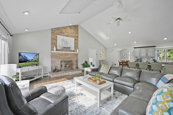 Dining room, Fireplace, Interior, Kitchen, Living room, Recessed Lighting, Stone Walls, Wood Texture Flooring
