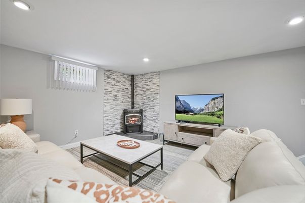 Fireplace, Interior, Living room, Recessed Lighting, Stone Walls