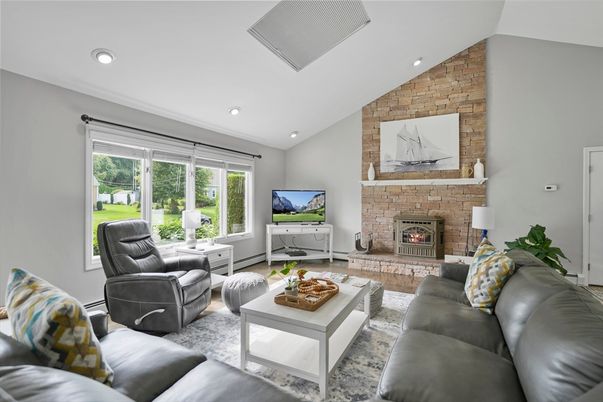 Fireplace, Interior, Living room, Recessed Lighting, Stone Walls