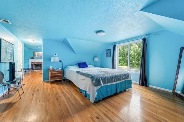 Bedroom, Fireplace, Interior, Wood Texture Flooring