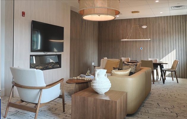 Dining room, Fireplace, Interior, Living room, Pendant Lights, Recessed Lighting, Wood Texture Flooring