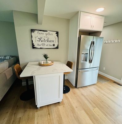 Dining room, Interior, Kitchen, Recessed Lighting, Wood Texture Flooring