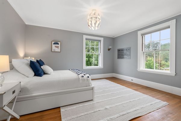 Bedroom, Interior, Pendant Lights, Wood Texture Flooring