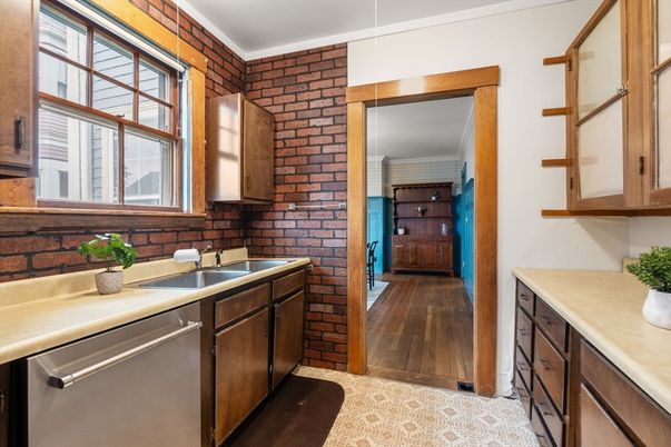 Interior, Kitchen, Stainless Steel Appliances, Stone Walls, Wood Texture Flooring