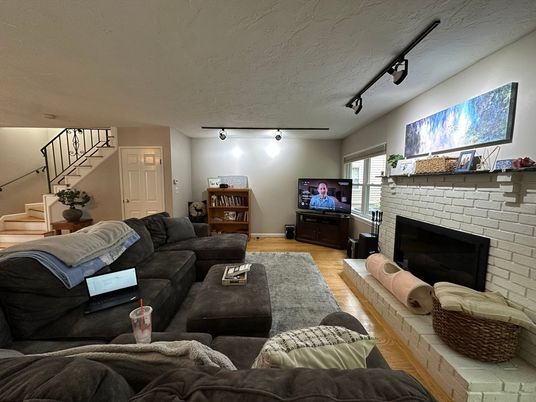 Fireplace, Interior, Living room, Stone Walls, Wood Texture Flooring