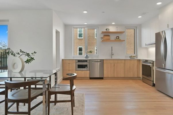 Dining room, Interior, Kitchen, Recessed Lighting, Stainless Steel Appliances, Wood Texture Flooring
