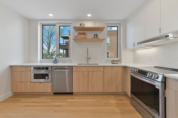 Interior, Kitchen, Recessed Lighting, Stainless Steel Appliances, Wood Texture Flooring
