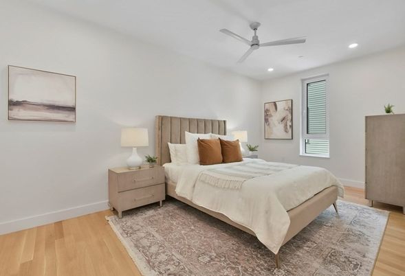 Bedroom, Interior, Recessed Lighting, Wood Texture Flooring