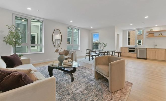 Dining room, Interior, Kitchen, Living room, Recessed Lighting, Stainless Steel Appliances, Wood Texture Flooring