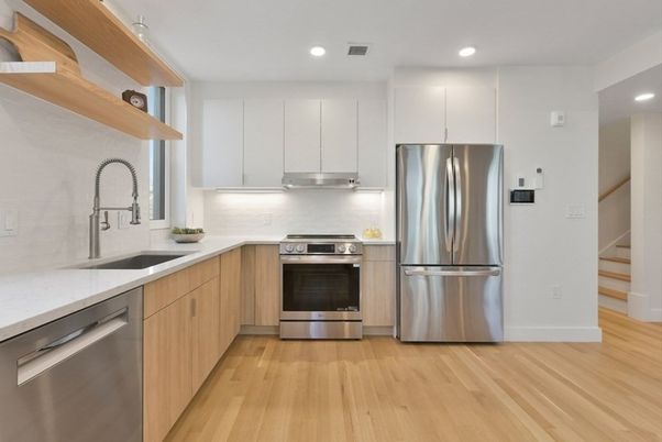 Interior, Kitchen, Recessed Lighting, Stainless Steel Appliances, Wood Texture Flooring