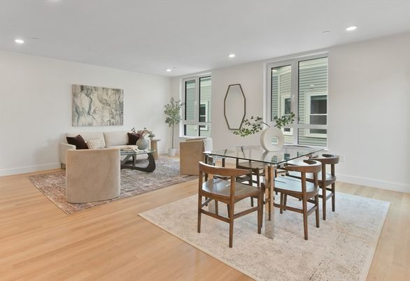 Dining room, Interior, Living room, Recessed Lighting, Wood Texture Flooring
