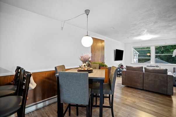 Dining room, Interior, Living room, Pendant Lights, Wood Texture Flooring