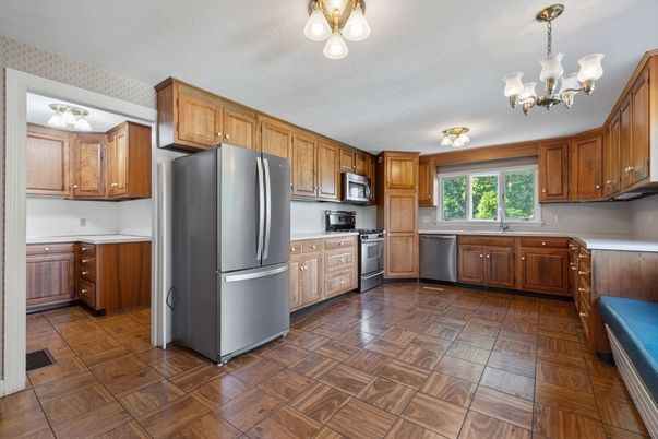 Chandelier, Interior, Kitchen, Stainless Steel Appliances, Wood Texture Flooring